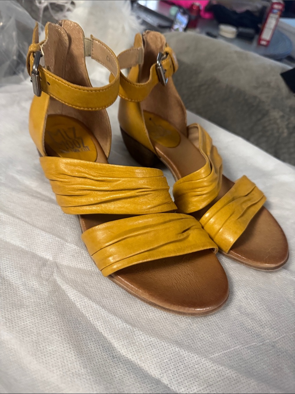 Miz Mooz New York City Mustard Yellow Ruched Ankle-Strap Sandals